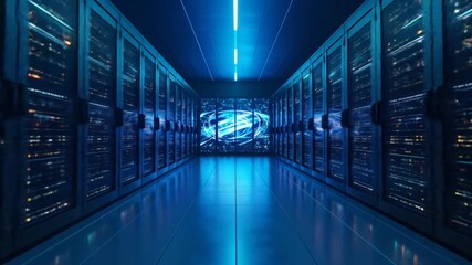 A data center with rows of server racks under neon lighting. A digital eye in the background - Powered by Adobe