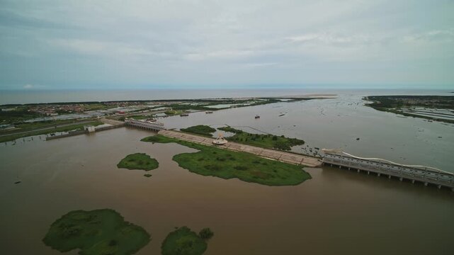 Zhanjiang Coastal Bridge and Wetlands Aerial View - China Southern Coast Industrial Landscape