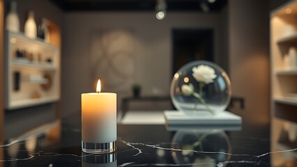 dignified. A single memorial candle glowing in a modern boutique, a white rose nearby. symbolizing life milestones and joyful moments.