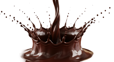Chocolate liquid pouring with splash effect isolated on transparent background
