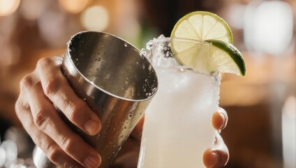 Bartender Pouring Cocktail into Glass with Lime and Salt Rim.