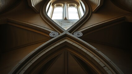 keystone. Stone intersection of Gothic church vault, architectural detail with soft light. real-estate listings.