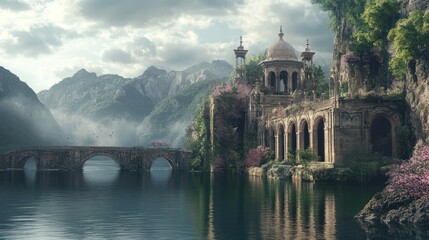 Ancient palace with bridge and lake, reflecting mountains and sky, for travel and history themed visuals
