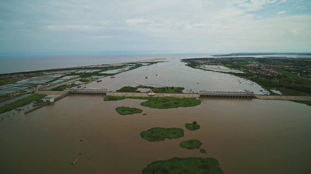 Aerial View of Flooded Bridge and Islands in Zhanjiang China During High Tide