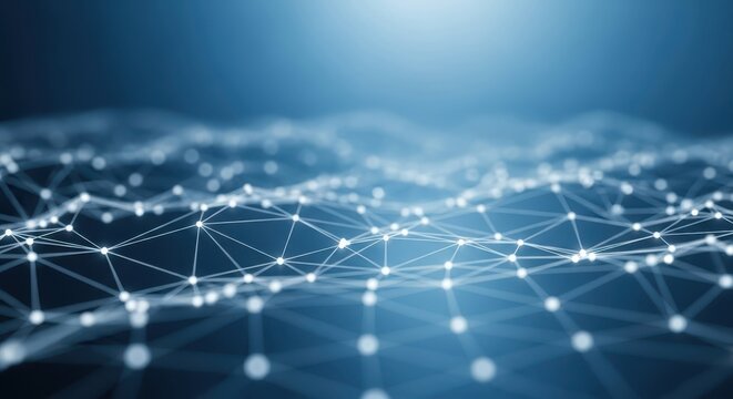 Abstract digital technology background with glowing circuit board lines and light streaks moving rapidly to the right on a gradient blue and white background, symbolizing data transfer and futuristic