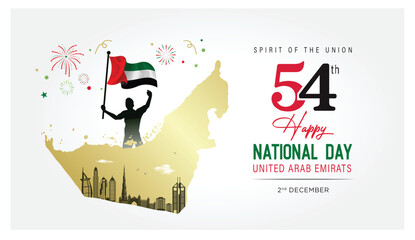 "Dubai skyline with a boy waving the UAE flag, 54th National Day celebration, Concept Design Vector Illustration."