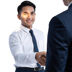 Smiling Asian Businessman in White Shirt and Dark Tie Shaking Hands with Colleague in Studio with Soft Lighting and Isolated Background