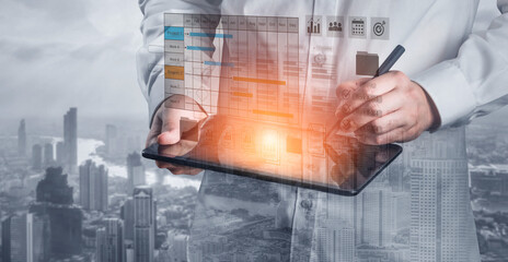 Digital visualization of multiple project timelines with progress tracking, documents, and team collaboration symbols Parse