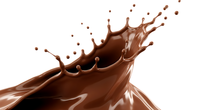 Chocolate milk splash with droplets isolated on transparent background for design elements