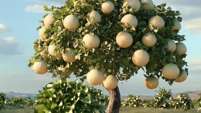Melons on a tree against sky landscape.