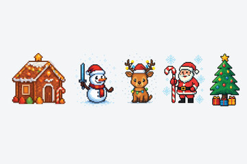 Cute pixel art christmas characters and elements including gingerbread house snowman reindeer santa claus and christmas tree