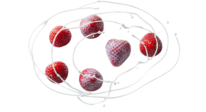 Strawberries arranged in a circle with white chocolate drizzle isolated on transparent background