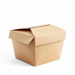 A plain, light brown cardboard takeout food container with a partially closed lid, isolated on white background