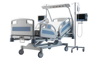 Modern hospital bed with medical equipment and infusion pump isolated on transparent background