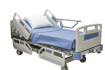 Adjustable hospital bed with blue linens and white pillow, isolated. isolated on transparent background