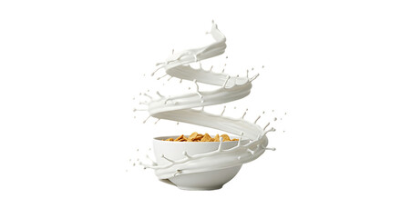 Milk splash in spiral shape from a cereal bowl isolated on transparent background