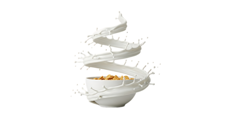 Milk splash in spiral shape from a cereal bowl isolated on transparent background