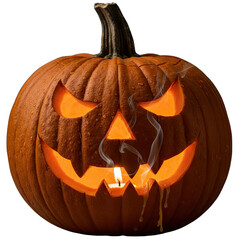 Spooky Halloween Jack o Lantern Pumpkin with Scary Face and Glowing Candle Inside Emitting Smoke on Transparent Background Macro Shot for Holiday Decorations