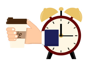 Hand holding a coffee cup emerging from an alarm clock. Creative coffee time concept. Dynamic morning break idea.
