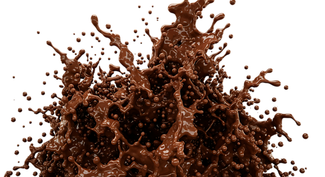 Dynamic coffee splash with droplets and bubbles isolated on transparent background