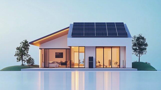 Modern minimalist house with rooftop solar panels and large glass doors, C4D rendering on light blue background with panoramic perspective, showcasing clean architecture and sustainable design