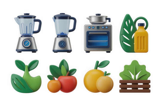 Kitchen appliances and healthy food icons set, 3d render isolated on transparent background
