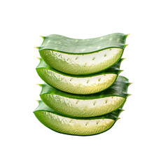Stack of Fresh Aloe Vera Slices Showing Gel Interior and Spiky Green Leaves Isolated on Transparent Background Soft Studio Lighting