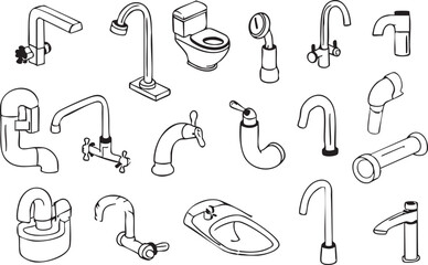 Fototapeta premium Bathroom fixtures vector: faucets, toilets, and plumbing clip art eps silhouette