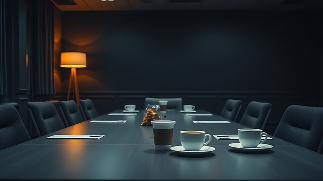 homily. Late night meeting room with empty snack packages and warm lamp. pitch deck slides, case study pages, designed for enterprise HRIS and productivity software interfaces, elevates branding.