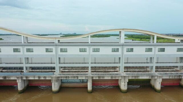 Modern Concrete Bridge Over Muddy River in Zhanjiang China Industrial Infrastructure Architecture