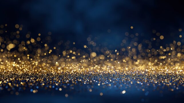 golden glitter and bokeh falling onto a dark blue background festive and elegant perfect for new years eve birthdays or special events