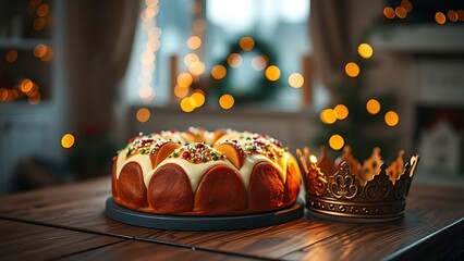 epiphany. A decorated King Cake on a rustic table with festive lights and a crown ornament in the background. symbolizing life milestones and joyful moments.