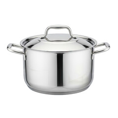 Stainless Steel Cooking Pot with Lid Reflecting Light Isolated on Black Background Kitchenware Utensil Studio Shot with Soft Lighting