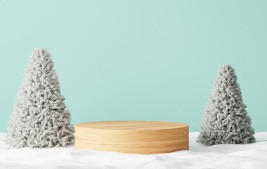 Wooden podium on snow with frosted pine trees and pastel blue background. 3D rendering