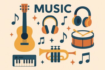 Colorful illustration of musical instruments and music notes on a cream background
