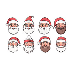 Vector Santa Claus Face Icons Set: Diverse Expressions and Beards for Christmas and Holiday Designs