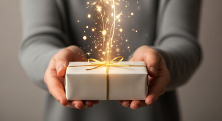 Hands Holding Magic Christmas And New Year Gift Box with Sparkles, Hand Holding Surprise Present with Golden Light Effect For Christmas And New Year, holiday celebrations, promotions, birthdays.