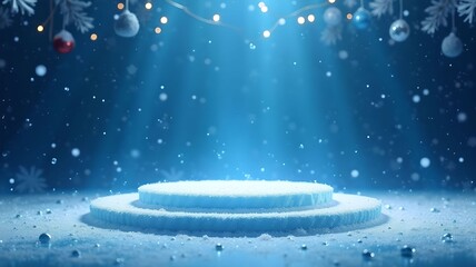 Obraz premium Snow covered platform, stage illuminated with soft blue light in winter setting.