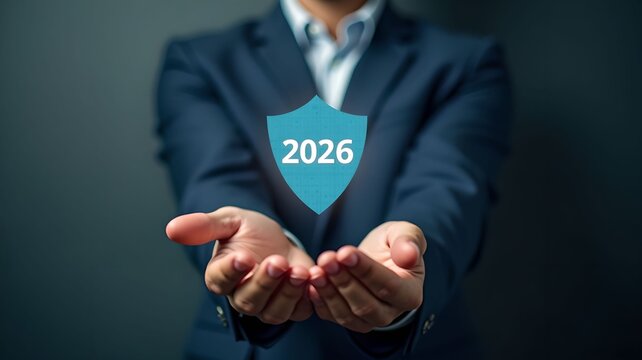 A business professional confidently presents goals for 2026.