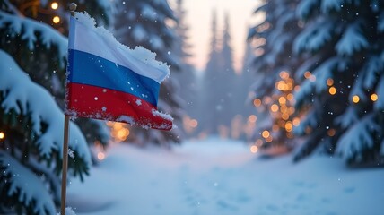 The Russian flag flutters in a snowy forest at winter twilight.