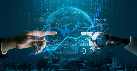 This image captures the interaction between a human hand and a robotic hand, showcasing financial...