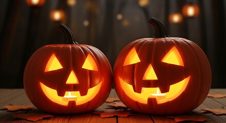 Festive Halloween Pumpkins Glowing Brightly on a Wooden Surface