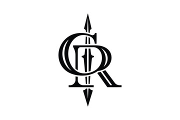 A monogram logo with the letters c and r intertwined with a spear symbol