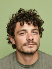 Fototapeta premium Modern bearded man portrait glasses looking camera friendly focused male professional headshot creative worker casual style green background