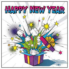 Happy New Year Pop Art Card: Comic Explosion Gift Box Greeting Vector, Retro Comic Style New Year Celebration Surprise Gift Box, Emphasizes retro style, celebration, surprise element.