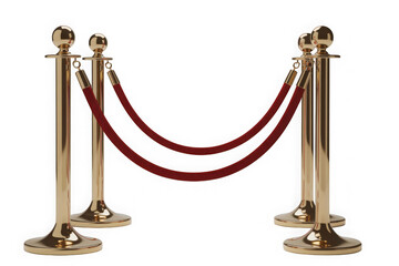 Golden stanchion posts with red velvet rope barrier isolated isolated on transparent background