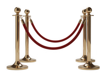 Golden stanchion posts with red velvet rope barrier isolated isolated on transparent background