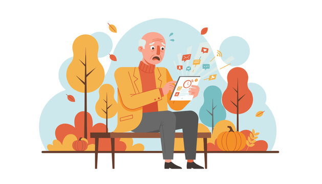 Elderly man stressed by tablet notifications and digital overload in autumn