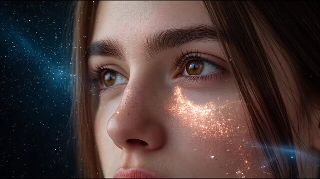 A beautiful female face emerges from swirling cosmic gas after a cosmic explosion, reflecting supernova bursts and dynamic universe processes across her luminous, otherworldly features.