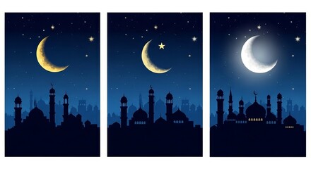 Islamic Festive Night Cityscape Crescent Moon and Starry Sky Background